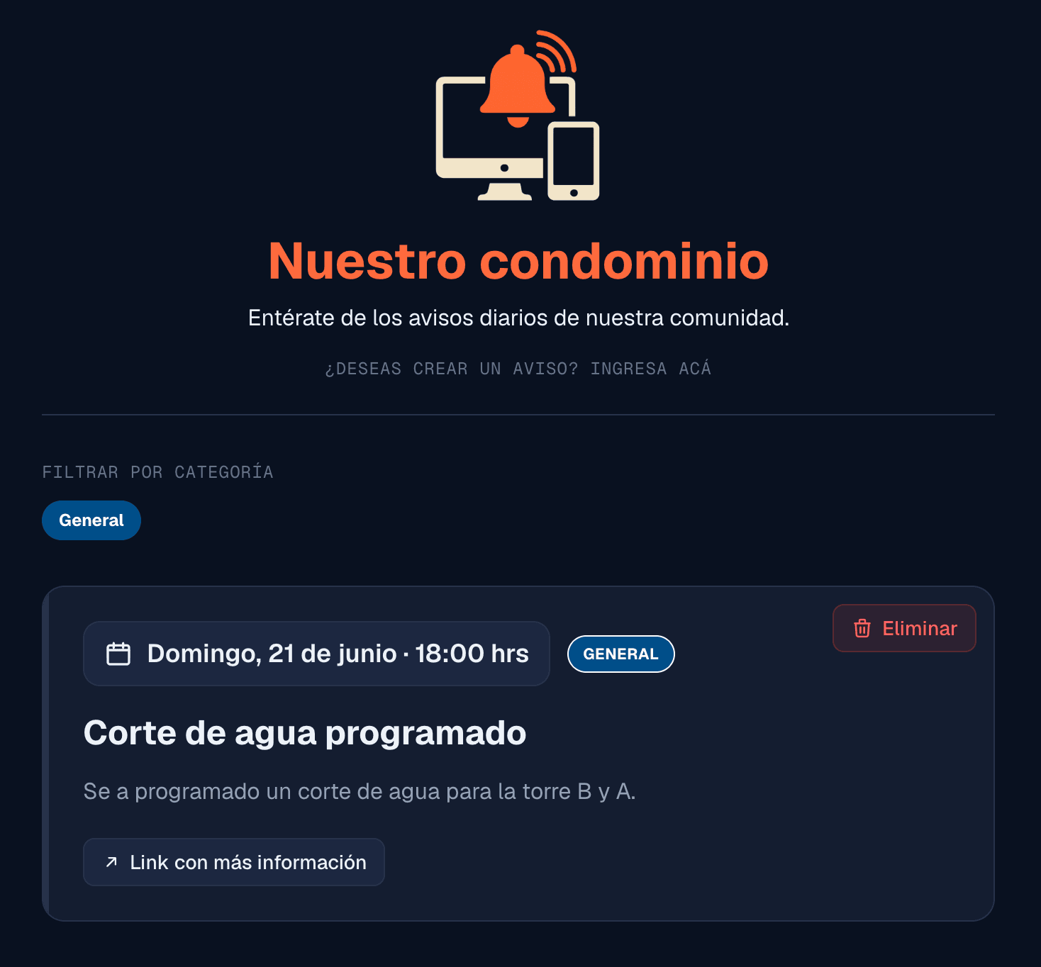 Aviso de ejemplo: «Corte de agua programado» en la categoría General, domingo 21 de junio, para «Nuestro condominio».